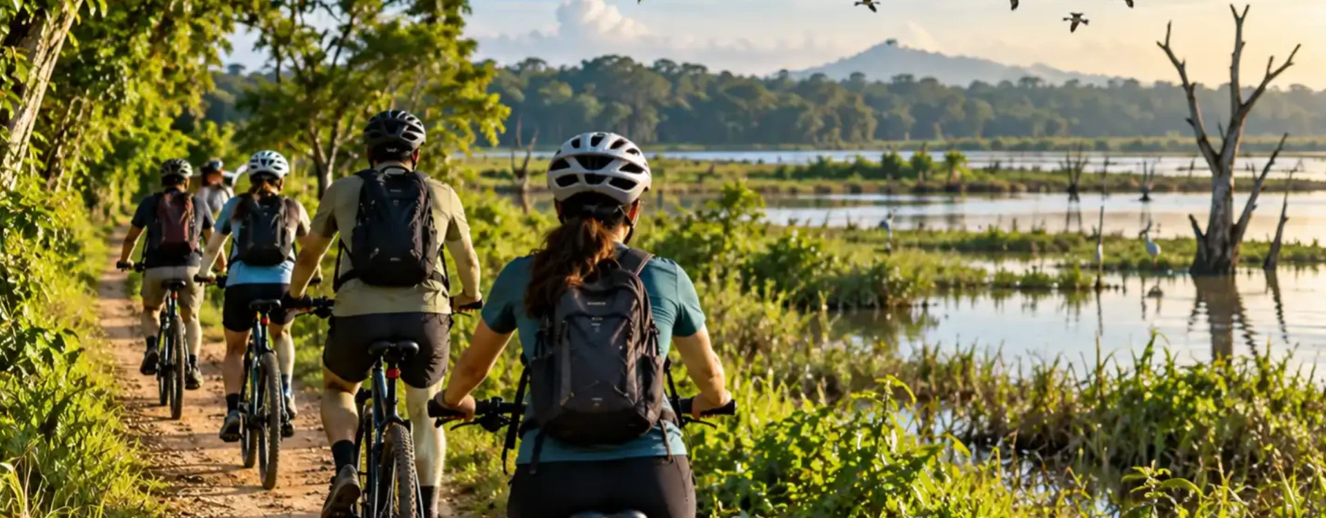Cyclists riding along a scenic village trail
